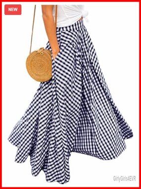 Gingham Maxi Skirt High Waist Pleated A Line Flowy Checkered Long Skirt